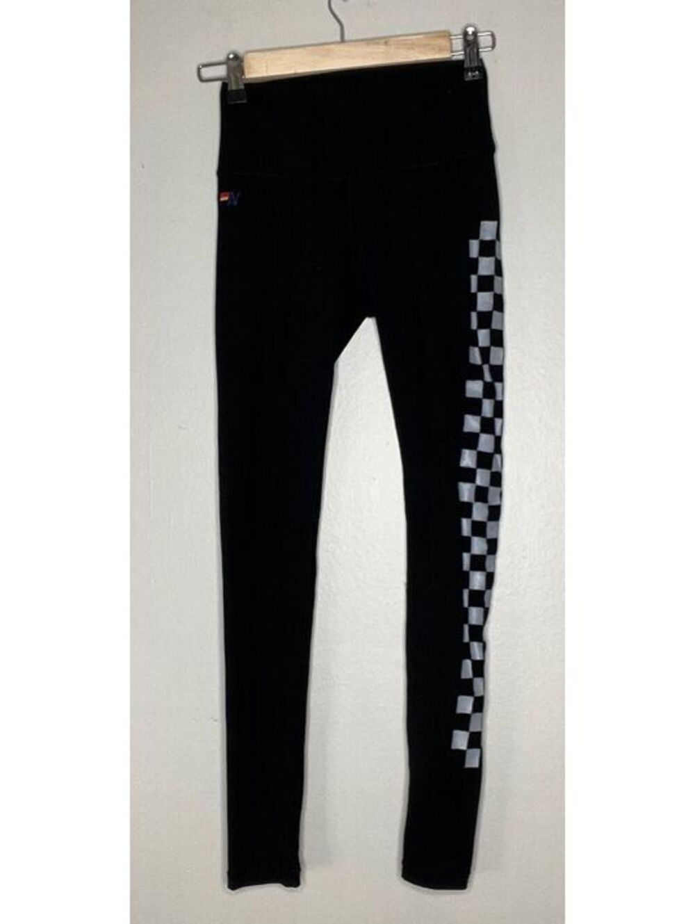 Aviator Nation Women's Black High-Waisted Leggings with Checkerboard Stripe, XS